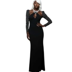 Elegant Black Maxi Dress with Polka Dot Sleeves and Side Split
