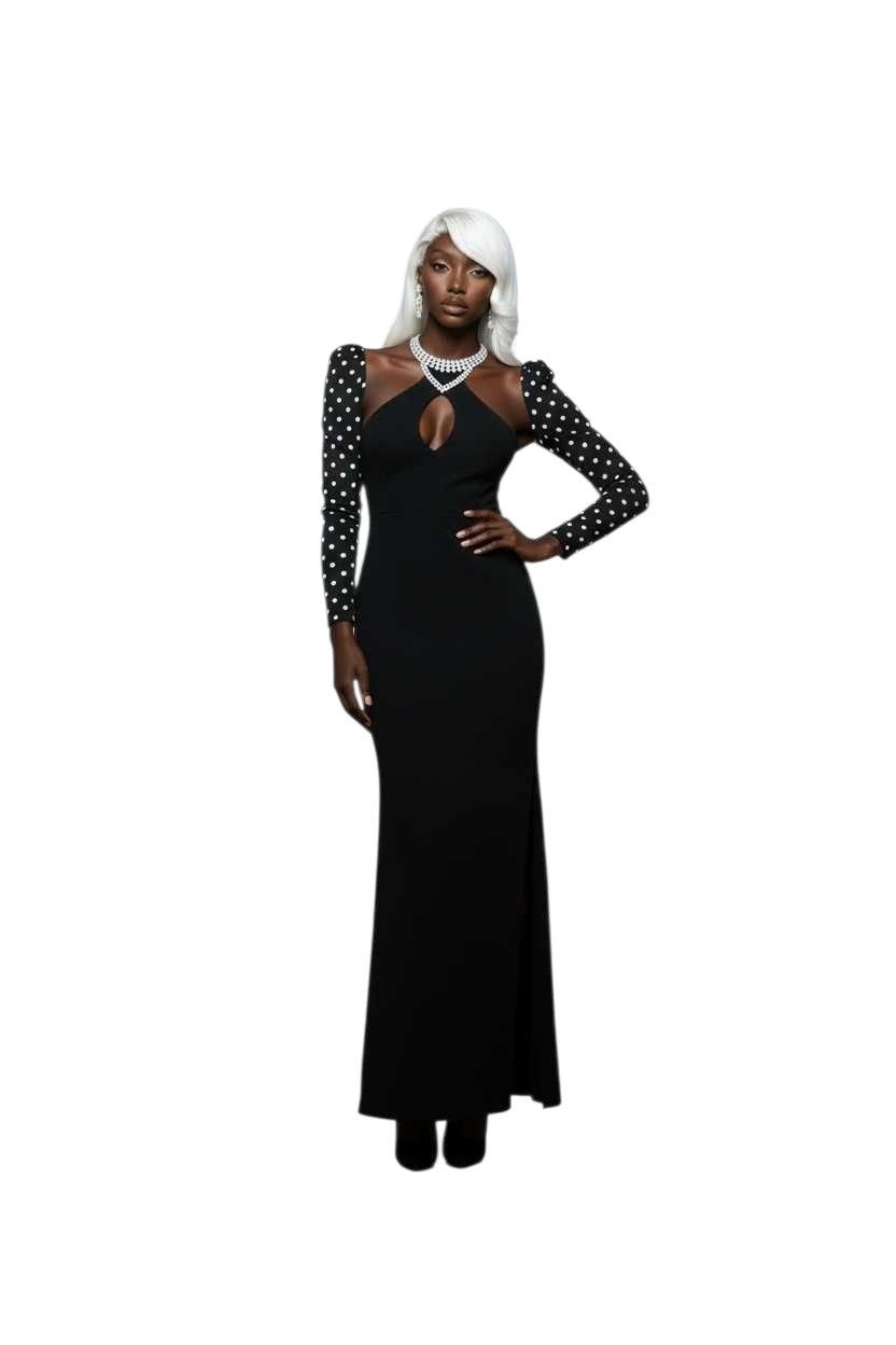 Elegant Black Maxi Dress with Polka Dot Sleeves and Side Split