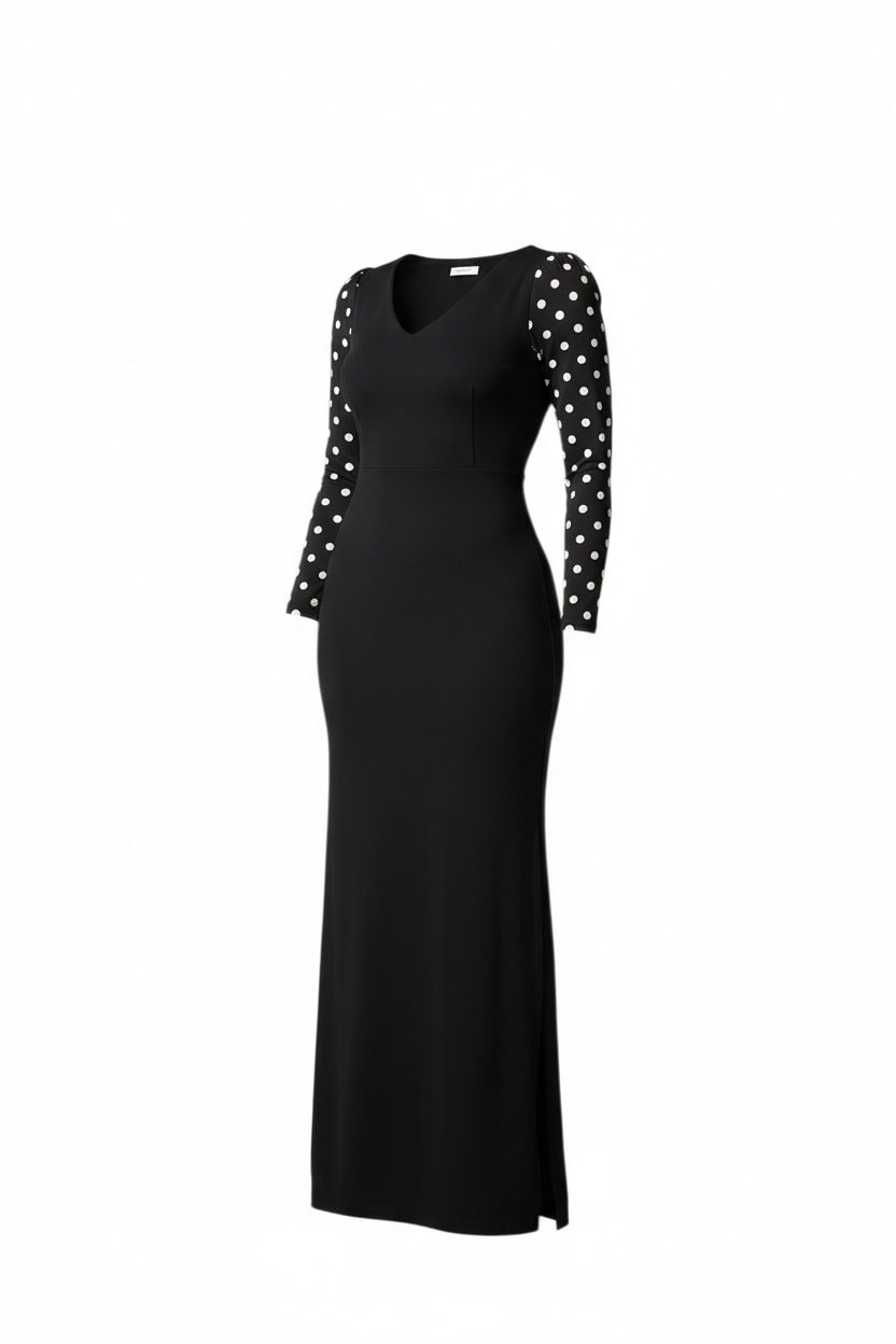 Elegant Black Maxi Dress with Polka Dot Sleeves and Side Split - Image 2