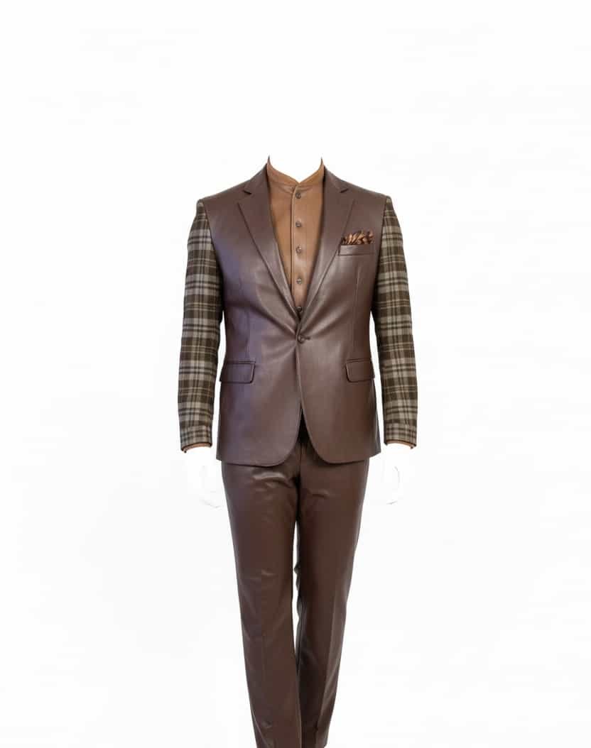 Men’s Premium Brown Designer Suit with Contrast Check Sleeves