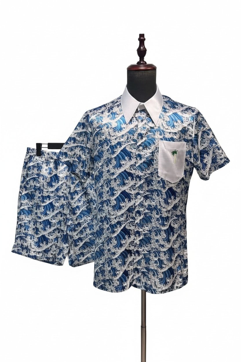 Men’s Satin Printed Short Sleeve Shirt & Shorts Set