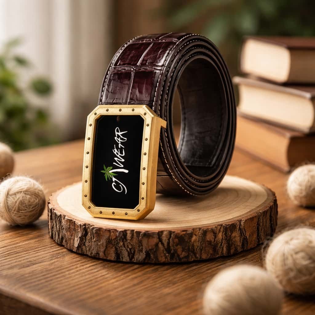 Luxury Crocodile-Embossed Leather Belt with Gold Buckle